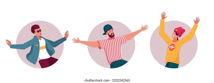 Positive Men In Trendy Clothes Jumping Isolated Round Icons or Avatars. Happy Male Characters Jump In Air, Feel Fun, Rejoice And Laugh, Happiness Emotions. Cartoon People Vector Illustration