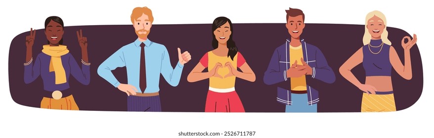 Positive men, women, person gesturing set. Happy friendly people expressing emotions showing winner sign, thumb up, finger heart, ok gestures. Approval, friendliness, success flat vector illustration 