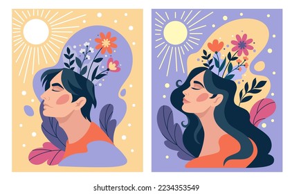 Positive mental health, happy mind. Woman and man thought, beautiful flowers in brain, people self care, healthy head relax card or poster. Vector illustration tidy cartoon flat concept