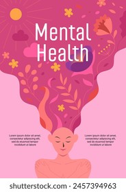 Positive mental health Poster, Woman thought, beautiful flowers in brain, people self care, Mental wellness., healthy head relax card or poster, Vector illustration tidy cartoon flat concept