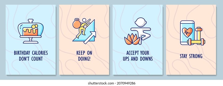 Positive messages in greeting card with color icon element set. Inspirational message. Postcard vector design. Decorative flyer with creative illustration. Notecard with congratulatory message pack