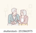 Positive middle aged man and woman in casual clothes while spending romantic time together in living room at home. Hand drawn style vector design illustrations.