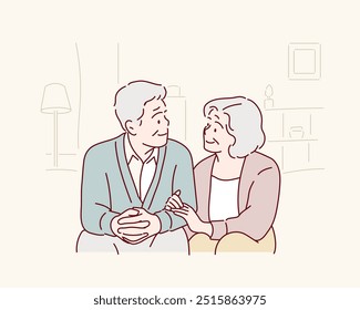 Positive middle aged man and woman in casual clothes while spending romantic time together in living room at home. Hand drawn style vector design illustrations.