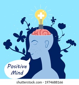 Positive Mind Girl with an open brain opens idea, bulb, a solution to a problem, mind wellness, relax. Positive thinking, creative ideathought process. Vector illustration cartoon flat banner poster