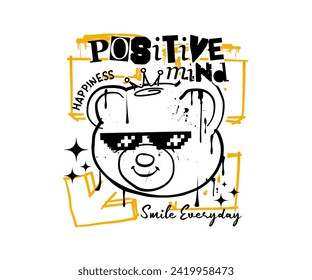 positive mind slogan with head teddy bear doll graphic melting vector illustration on white background for t shirt, poster, streetwear, urban design, hoodie, etc