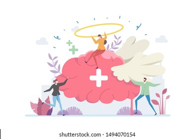 
Positive Mind Thinking Vector Illustration Concept Showing a grup of people with peaceful optimist mind on top of angel wing brain, Suitable for landing page, ui, web, App intro card, editorial