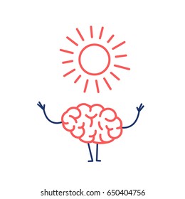 Positive mind. Vector concept illustration of happy brain with symbol of sun | flat design linear infographic icon red and blue on white background