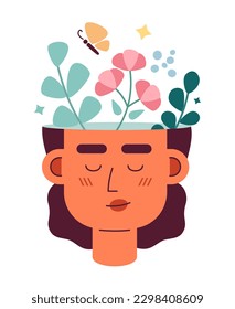 Positive mindset flat concept vector spot illustration. Woman with positive thinking head 2D cartoon character on white for web UI design. Meditation. Good vibes isolated editable creative hero image