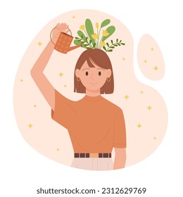 Positive mindset growth, care for self wellbeing and mental health, optimism concept vector illustration. Cartoon happy optimistic girl holding watering can to water flowers growing inside head brain,