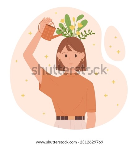 Positive mindset growth, care for self wellbeing and mental health, optimism concept vector illustration. Cartoon happy optimistic girl holding watering can to water flowers growing inside head brain,