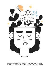 Positive mindset monochrome concept vector spot illustration. Woman with positive thinking head 2D flat bw cartoon character for web UI design. Good vibes isolated editable hand drawn hero image