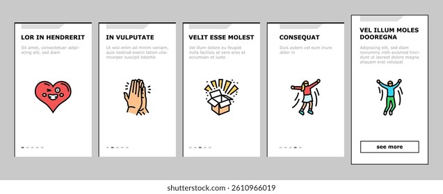 positive mood happy smile onboarding mobile vector. good face, emotion feedback, customer satisfaction, review rating, experience positive mood happy smile Illustrations