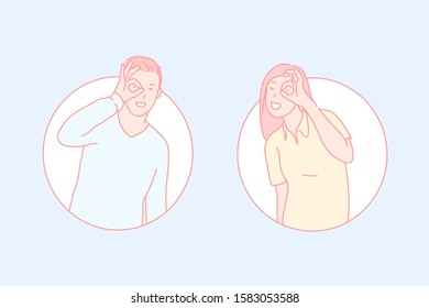 Positive mood, playful gestures, cheerful smiles concept. Young people have fun, peeping through OK gesture. Teenagers body language. Delighted colleagues funny facial expressions. Simple flat vector