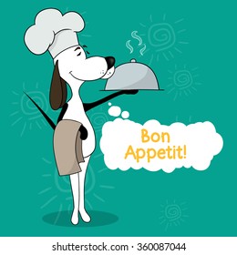 Positive motivating card. Illustration of a cartoon dog. Chef to prepare a dish. 