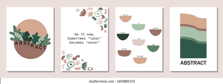 Positive motivation posters set with quote on trendy abstract background with minimal shapes in neutral colors for your decoration, vector illustration