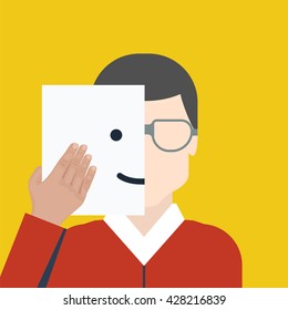 positive motivation and two faced concept. Happy man covering half his face with a smiling emoticon. Vector illustrations