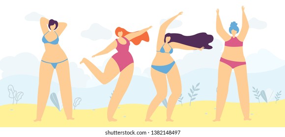 Positive Motivational Flat Banner Group of Active Plus Size Diverse Cartoon Woman in Swimming Suit Loved Body Free and Constraint Adoring Figure Posing Outdoors Vector Illustration Template