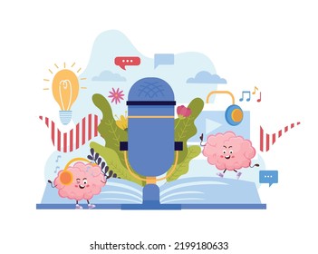 Positive music composition with two happy cartoon brain characters dancing around microphone flat vector illustration