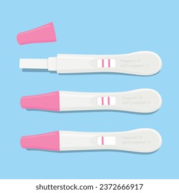 Kit de prueba de embarazo de 2 líneas positivas y negativas aisladas en el fondo blanco. Embarazo, concepto de parto. Ilustración del vector