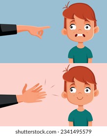 
Positive and Negative Approach to Parenting Styles Vector Cartoon illustration. Little boy feeling happy or sad being scolded or appreciated 
