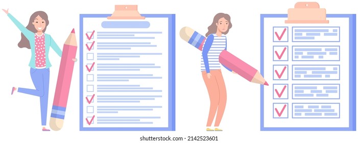 Positive and negative business women with giant pencils nearby marked checklist on clipboard paper. Successful completion of business tasks, time management, scheduling. Ladies planning checklist