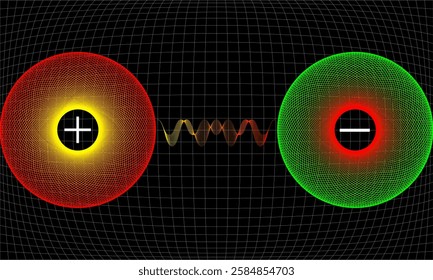 Positive and negative charge. Illustration of ionic, magnetic or wave interaction between two particles.