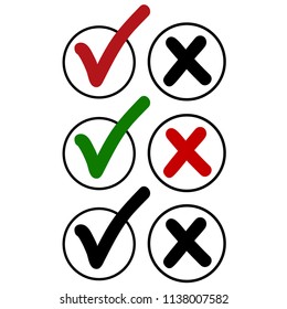 Positive & Negative Check Marks in Line Round Boxes Isolated on White Background. Vector Illustration