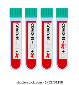 El vector de prueba positivo y negativo del virus de la corona se aísla sobre un fondo blanco. Ilustración del matraz plano de laboratorio con sangre y texto COVID-19