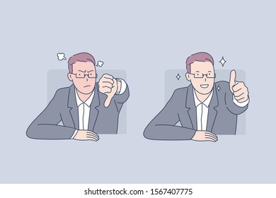 Positive and negative emotion, failure and success, bad and good mood concept. Male office worker keeping thumb down and up, anger and joy, problem and solution. Simple flat vector