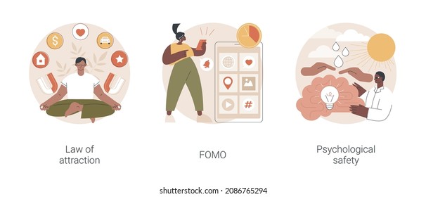 Positive and negative emotions abstract concept vector illustration set. Law of attraction, FOMO, psychological safety, social anxiety, well-being, personal comfort, visualization abstract metaphor.