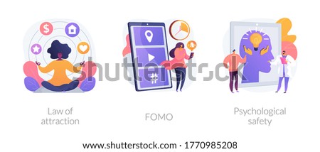 Positive and negative emotions abstract concept vector illustration set. Law of attraction, FOMO, psychological safety, social anxiety, well-being, personal comfort, visualization abstract metaphor.
