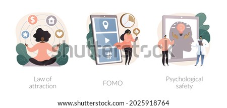 Positive and negative emotions abstract concept vector illustration set. Law of attraction, FOMO, psychological safety, social anxiety, well-being, personal comfort, visualization abstract metaphor. Foto stock © 