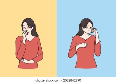 Las emociones positivas y negativas contrastan el concepto. Retrato de mujeres jóvenes con cara sonriente feliz y llorando deprimidas con ilustración vectorial de cara desilusionada 