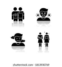 Positive and negative emotions drop shadow black glyph icons set. Human feelings, emotional behaviour, mood. Affection, happiness, pleasure and envy. Isolated vector illustrations on white space