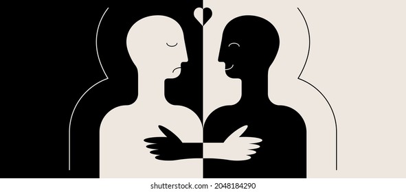 Emociones positivas y negativas en una persona. Triste y feliz, concepto de amor propio. Resumen de cabeza humana, silueta, negro y blanco. Ilustración del vector