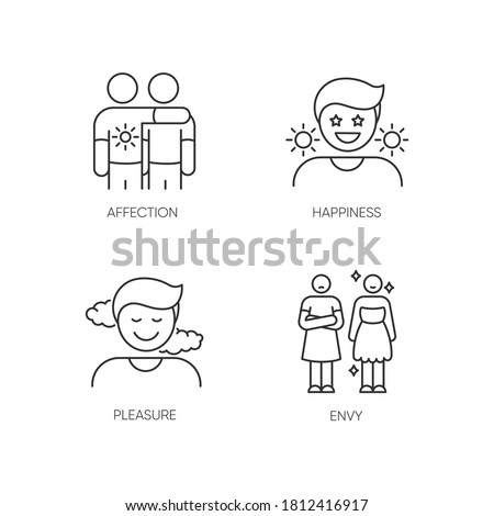 Positive and negative emotions pixel perfect linear icons set. Customizable thin line contour symbols. Affection, happiness, pleasure and envy. Isolated vector outline illustrations. Editable stroke