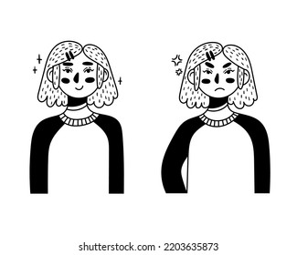 Expresiones positivas y negativas de emociones. Ilustración vectorial en blanco y negro de una niña con fondo blanco. Lengua corporal y gestos no verbales.