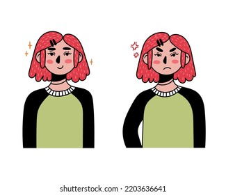 Positive and negative expressions of emotions. Vector illustration of a girl on a white background. Body language and nonverbal gestures.