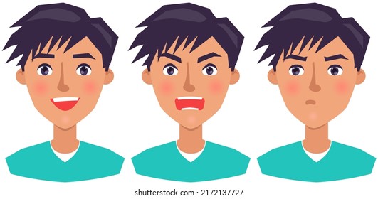 Positive and negative face expressions of kids. Cute faces of cartoon characters vector illustration. Expressing human emotion concept. Set of children emotions. Happy, sad, neutral and angry people