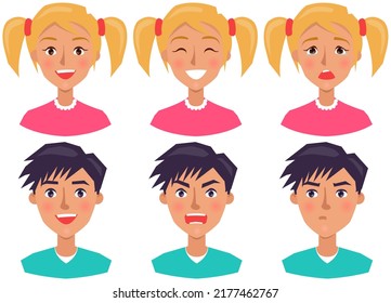 Positive and negative face expressions of kids. Cute faces of cartoon characters vector illustration. Expressing human emotion concept. Set of children emotions. Happy, sad, neutral and angry people