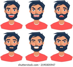 Positive und negative Gesichtsausdrücke des Menschen. Frische Gesichter von Zeichentrickfiguren, Vektorgrafik. Das menschliche Emotionskonzept ausdrücken. Satz männlicher Emotionen. Fröhliche, traurige, neutrale und wütende Menschen
