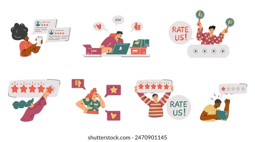 Positive or negative feedback. Customer review and dislike or like rating. Choosing satisfaction rating on smartphone app. Vector illustrations set isolated on white. Rate us, speech bubble with stars