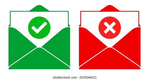 Positive and negative mail concept vector icons, with a green checkmark and red X signs, isolated on white background. Green and red flat style envelopes with Done and Error messages.