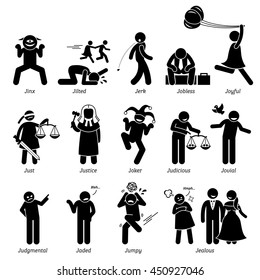 Positive Negative Neutral Personalities Character Traits. Stick Figures Man Icons. Starting With The Alphabet J.