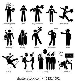 Positive Negative Neutral Personalities Character Traits. Stick Figures Man Icons. Starting With The Alphabet K.