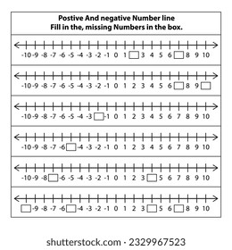 Positive And negative Number line 1 to 10 and -10 missing numbers. Fill in the box. Math on white background. Vector graphic illustration. basic kid learning education.