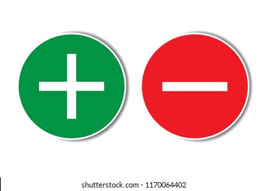 Positive negative plus minus assessment red green buttons with shadow. Simple concept pros cons list, advantages disadvantages in business planning. Vector illustration.
