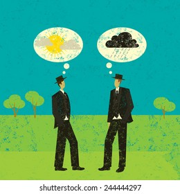 Positive and Negative Predictions Two men talking with sun and rain cloud thought bubbles above their heads.