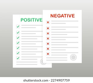 Positive and negative result. A sheet of paper with a seal. Documents with a tick and a cross. Stamps of negative and positive results on a white background. Vector illustration