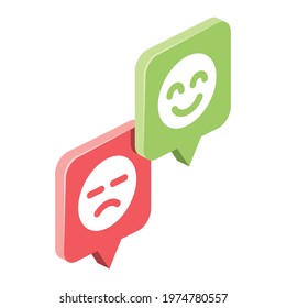 Positive and negative reviews, smiles on chat bubble. Vector 3d isometric, color web icons, new flat style. Creative design idea for infographics.